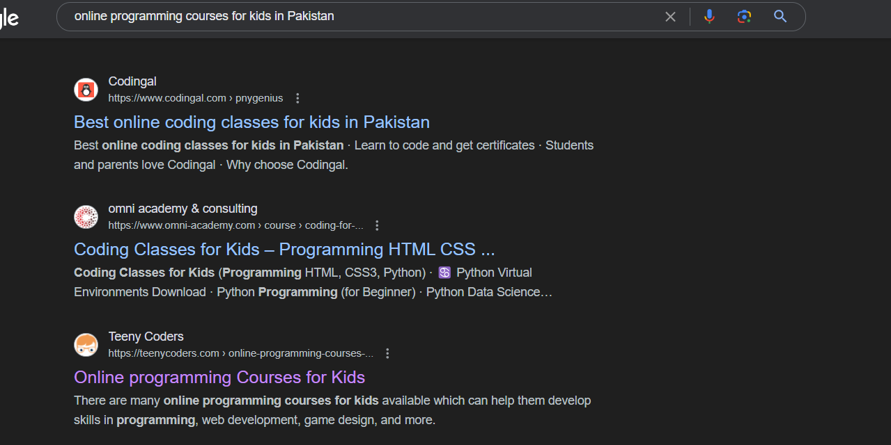 Google search result showing TeenyCoders ranking for online programming courses for kids in Pakistan