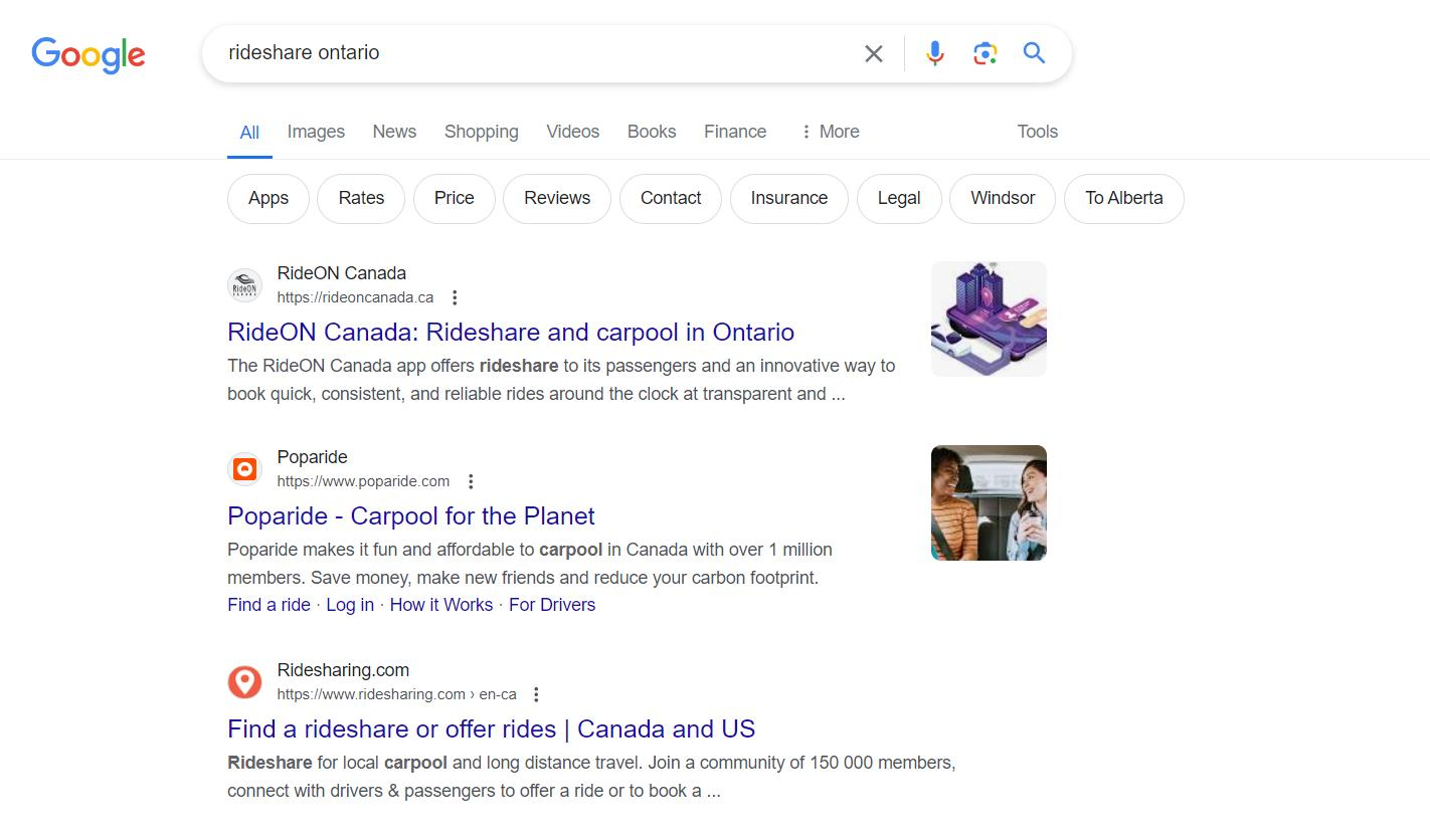 Google search result for 'rideshare ontario' showing RideON Canada ranking above Poparide and Ridesharing.com